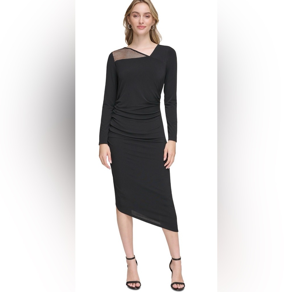 NWT Calvin Klein Women's Crystal Mesh-Neckline Asymmetrical-Hem Dress size L